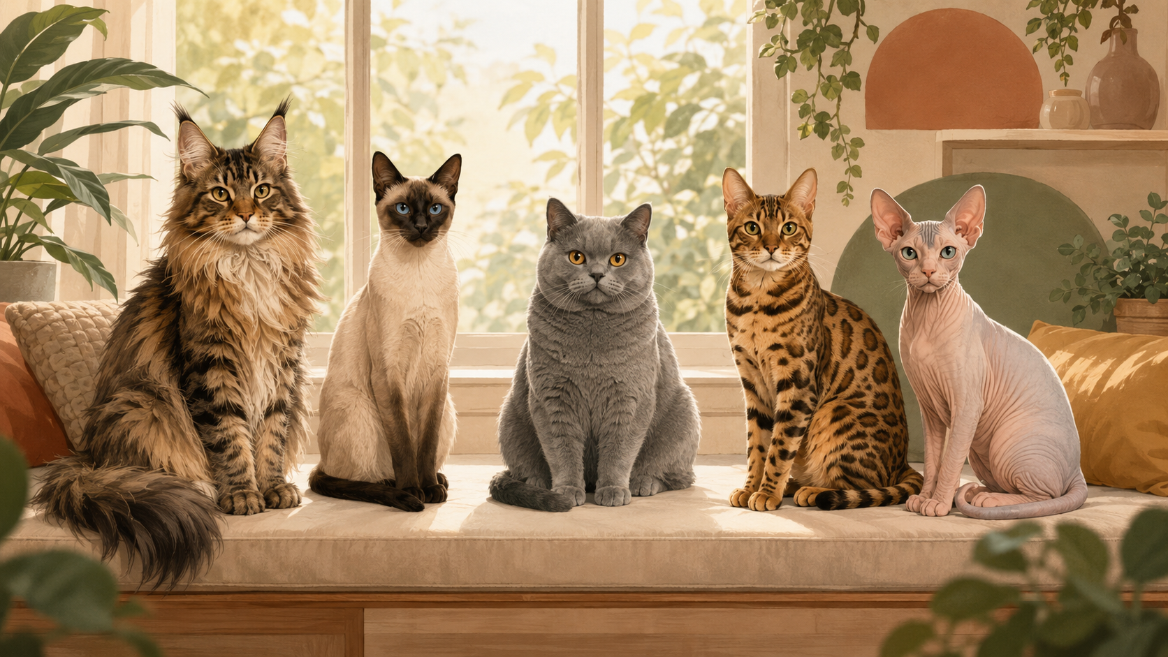 Illustration of a Maine Coon, Siamese, British Shorthair, Bengal and Sphynx sitting together
